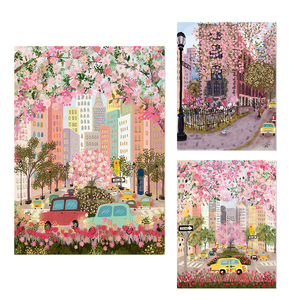 浪漫粉色樱花城市街景插画艺术海报装饰画内芯未装裱不含外框替换