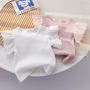 女童韩版甜美飞袖纯色T恤夏季新款女宝宝背心简约蕾丝花边袖上衣