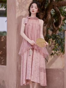新中式国风复古粉色碎花连衣裙仙女长裙子夏今年流行漂亮两件套装