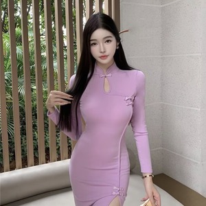 秋季长袖紫色旗袍女新中式主播服装气质年轻款改良国风修身连衣裙