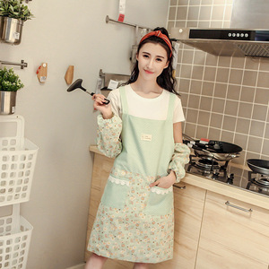 韩版时尚可爱棉麻双层围裙防水防油有带袖套厨房家用成人女士包邮