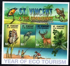 圣文森特格林纳丁斯邮票2002年生态旅游钓鱼花卉鸟蝴蝶鹿植物M新