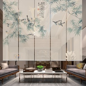 现代新中式唯美花鸟客厅餐厅茶室电动升降卷帘窗帘遮阳屏风隔断帘