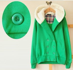 日本新品原单剪标孤品羊羔绒抓绒原宿风绿色排扣连帽外套开衫卫衣