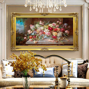 欧式古典花卉油画客厅装饰画美式沙发背景墙壁画餐厅玄关挂画横版