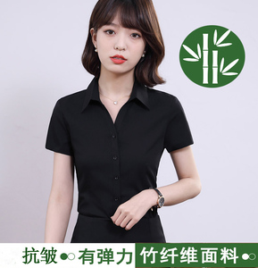 短袖衬衫女新款职业V领黑色弹力寸衫气质工作服正装韩版学生衬衣