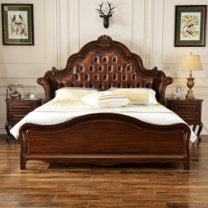 谷珀 全实木黑胡桃木床美式双人床1.8米欧式真皮卧室大床婚床卧室