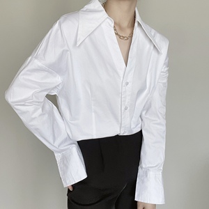 白色衬衫女2024女春秋设计感小众衬衣V领宽松长袖上衣