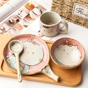 燚坊萌物粉色猫陶瓷餐具套装可爱创意碗盘儿童卡通碗勺女生礼物