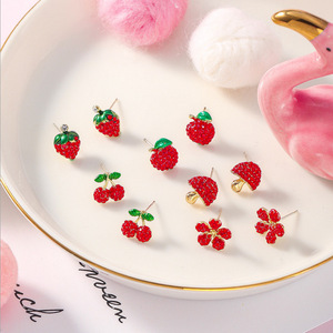 红色樱桃草莓耳钉925银针少女心ins耳环苹果花朵气质网红短发耳饰