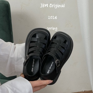 JBM 男女童镂空小皮鞋百搭防滑板鞋2024春夏新款魔术贴儿童半凉鞋