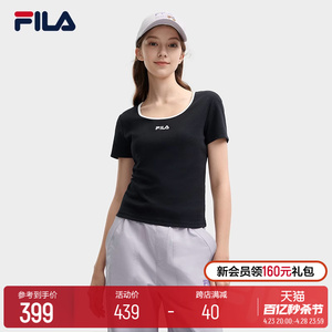 FILA 斐乐官方女子针织短袖衫2024夏新款时尚休闲简约U领修身T恤