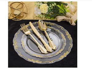 一次性西餐餐具套装透明塑料圆盘金色聚会派对餐盘刀叉勺甜点碟