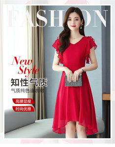 夏季韩版不规则高腰修身显瘦纯色短袖气质时尚连衣裙大码雪纺女裙