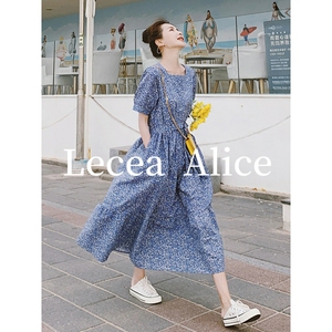 Lecea Alice蓝色碎花连衣裙2024夏季新款韩版宽松可盐可甜长裙女