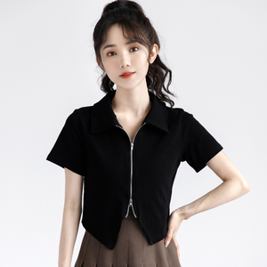 韩国2024夏季新款Polo翻领拉链衬衫女设计感短袖小衫黑色短款上衣