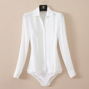 时尚气质韩版OL洋气雪纺衬衫风琴折白色长袖连体衬衫白色职业衬衣