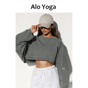 Alo yoga代购美式圆领卫衣女长袖短款露肚脐复古做旧宽松舞蹈上衣