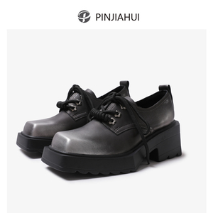 pinjiahui 小众设计欧美渐变色系带厚底德比鞋英伦风真皮小皮鞋女