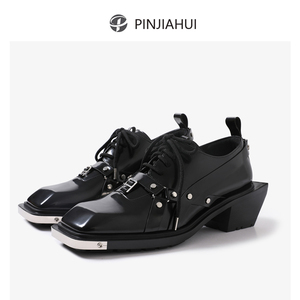 pinjiahui 男士暗黑皮带装饰系带方头德比鞋真皮小皮鞋设计感潮男