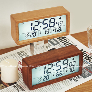 新款实木制作时钟简约温湿度1906时钟夜光床头钟大屏创意木头闹钟