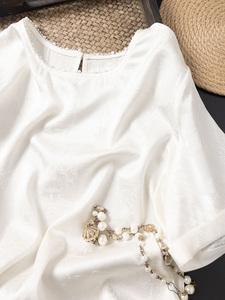 PUXU直播款4.19 白色御花园 单色珠珠领中式短袖桑蚕丝真丝T恤