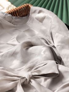 新中式复古气质苎麻真丝连衣裙灰色方格（有腰带）桑蚕丝连衣裙
