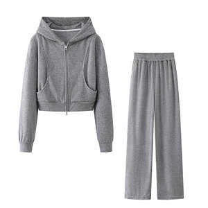 拉夏品牌灰色运动休闲卫衣套装女双拉链连帽开衫阔腿直筒裤两件套