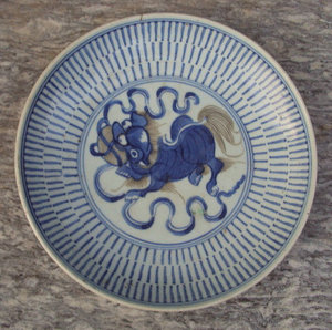 古玩古董古瓷器收藏 包邮清代中期青花釉里红狮子大盘子真品