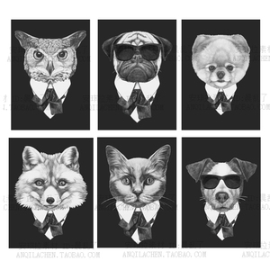 超酷黑白时尚狗狐狸猫猴子西装动物总裁装饰画矢量eps设计素材