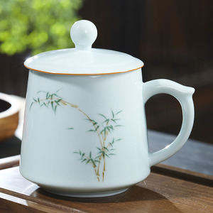 陶瓷茶杯个人专用陶瓷杯带盖办公室高档青瓷茶杯水杯家用定制刻字