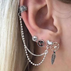 原创设计耳饰品太阳树叶爱心链条耳环组合4件套装饰物珠宝耳钉女