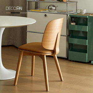 北欧设计师餐椅实木靠背侘寂软包坐垫原木咖啡厅会客洽谈椅子皮椅