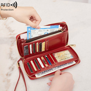 新款RFID防盗刷女士钱包油蜡皮长款拉链钱夹欧美大容量手拿包红色