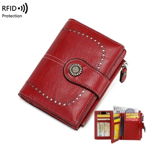 新款RFID防盗刷女士零钱包多卡位搭扣皮夹欧美时尚短款拉链高级感