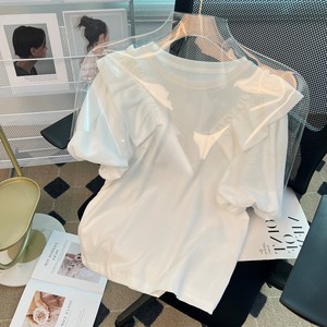 夏季新款白色设计感小众气质泡泡袖圆领短袖宽松法式T恤上衣女仙