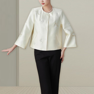 新中式正式场合女装春季外套圆领单排扣宽松国风喇叭长袖上衣短款