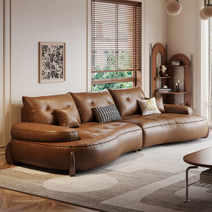 真皮沙发家用客厅现代棕色复古意式极简设计师小户型弧形创意沙发