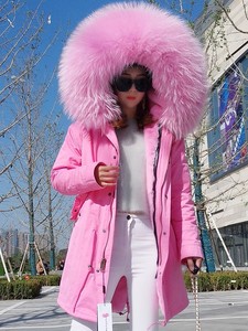 周冬雨同款皮草粉色大毛领中长款派克服 大衣加长过膝款外套女冬