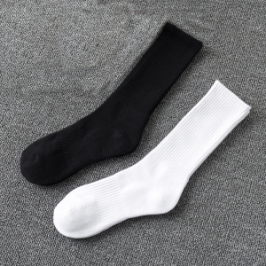 纯黑色秋季袜子男士潮流长筒纯色加厚高帮长款毛巾底白长袜高筒wz
