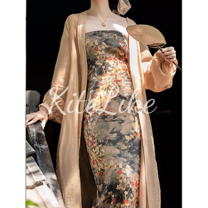 KiteLike夏新款新中式复古国风两件套收腰抹胸长裙配天丝棉开衫