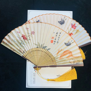 中国风花鸟猫咪棉麻古风便携折扇和风复古女舞蹈汉服拍摄折叠扇子