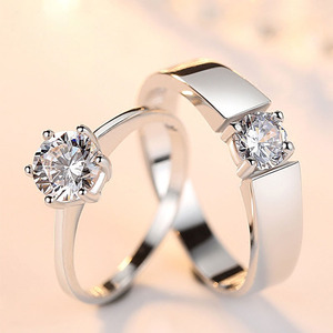 爆款气质仿真钻石男女情侣活口结婚戒指铜镀银镶单钻开口对戒饰品