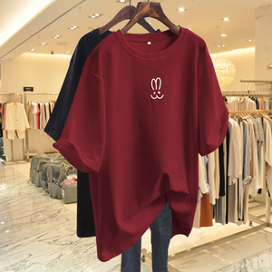 红色纯棉宽松质感短袖T恤女2024春夏新款欧货大版独特上衣打底衫