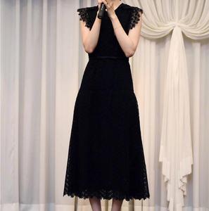 欧洲站林允儿同款黑色连衣裙中长款韩版高腰显瘦圆领水溶蕾丝裙