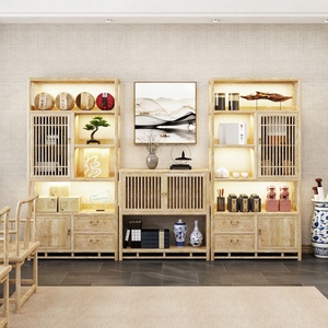 新中式博古架实木中式茶架茶室置物架客厅展示架三组合书柜办公室