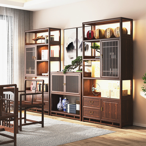 新中式博古架实木中式茶叶架茶室置物架展示架茶柜三组合书架家具