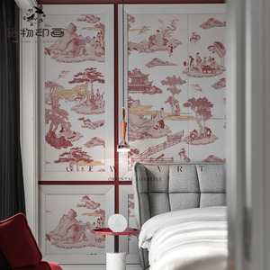 现代中式意境复古中国风屏风帖纸山水客厅背景墙壁纸书房卧室壁画