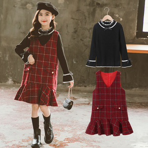 女童冬季公主连衣裙新款韩版中大童毛衣呢子格子背心裙秋冬两件套