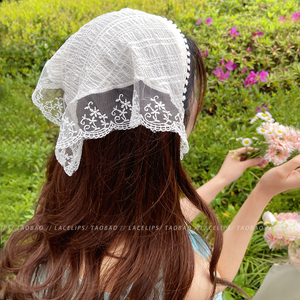 法式田园风头巾白色蕾丝三角巾头巾发带发箍包头时尚拍照网红头饰